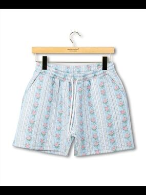 Floral Stripe Drawstring Women’s Shorts - Light Blue and Pink